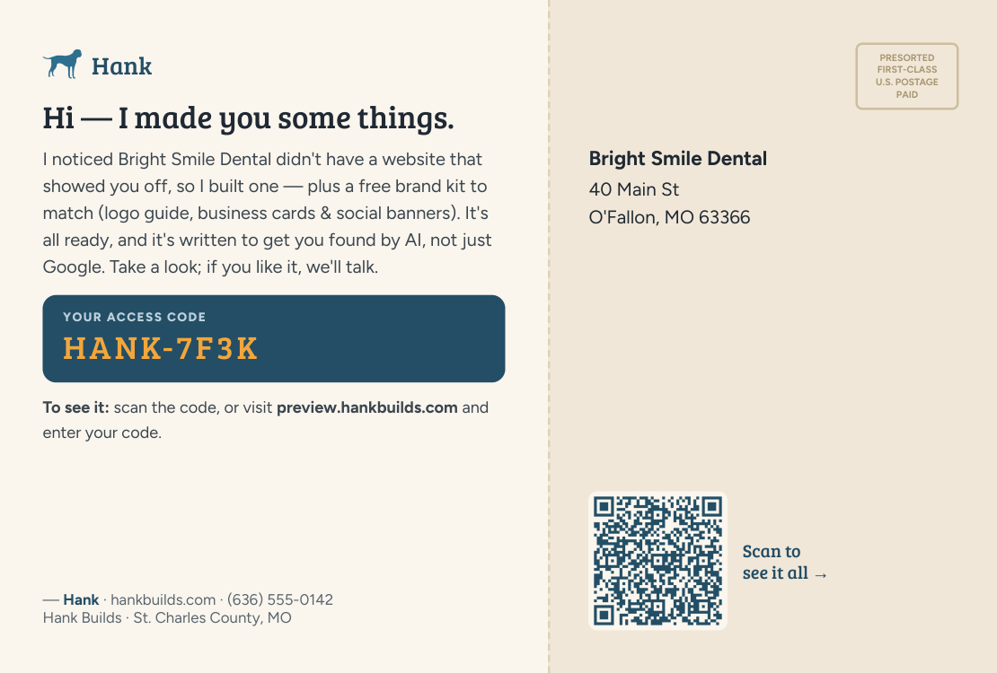 Hank postcard back with access code HANK-7F3K and QR code